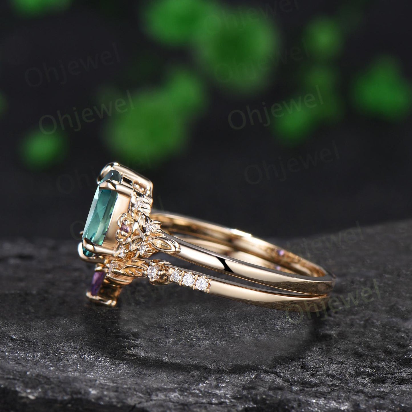 Oval cut green sapphire ring yellow gold vintage leaf floral 6 prong engagement ring set women amethyst ring silver