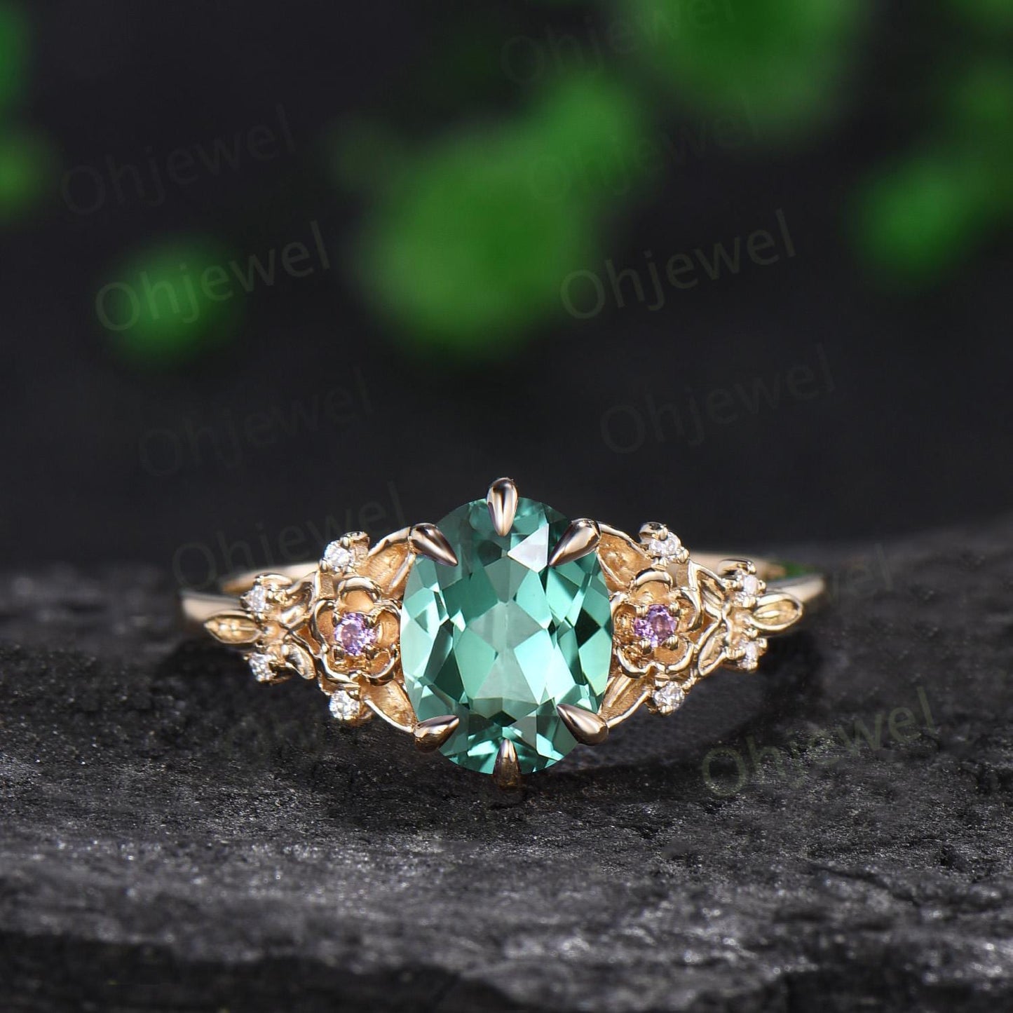 Oval cut green sapphire ring yellow gold vintage leaf floral 6 prong engagement ring set women amethyst ring silver