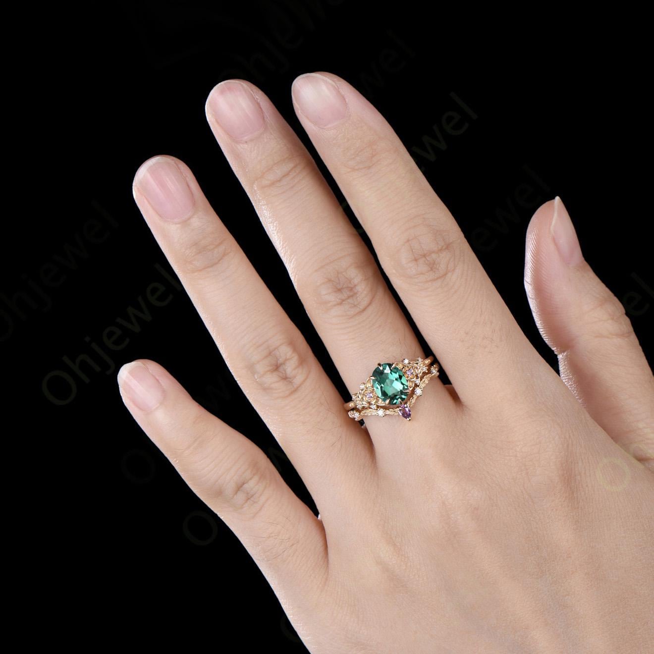 Oval cut green sapphire ring yellow gold vintage leaf floral 6 prong engagement ring set women amethyst ring silver