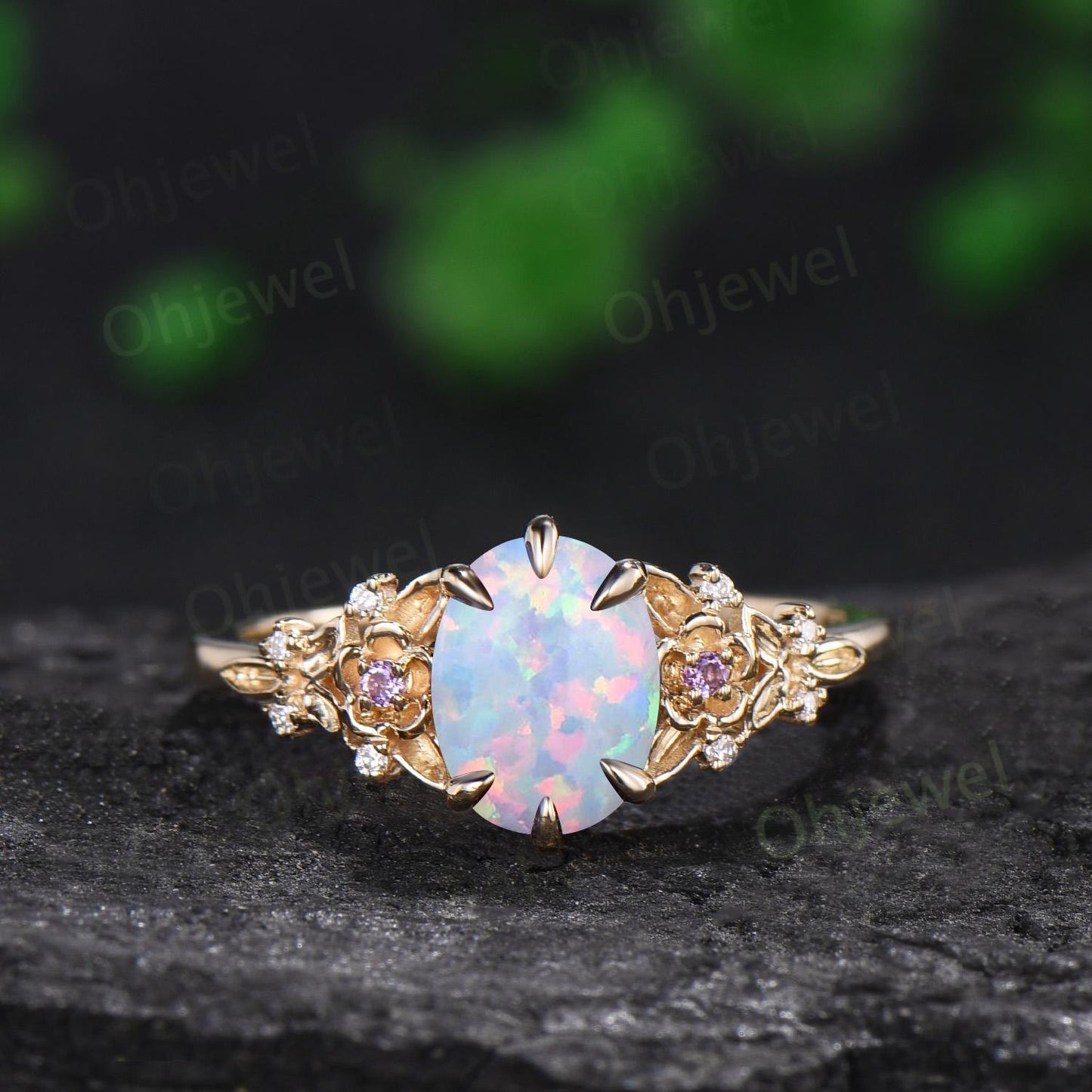 6 prong oval white opal ring gold leaf floral unique engagement ring set art deco amethyst anniversary ring gift