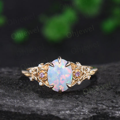 6 prong oval white opal ring gold leaf floral unique engagement ring set art deco amethyst anniversary ring gift