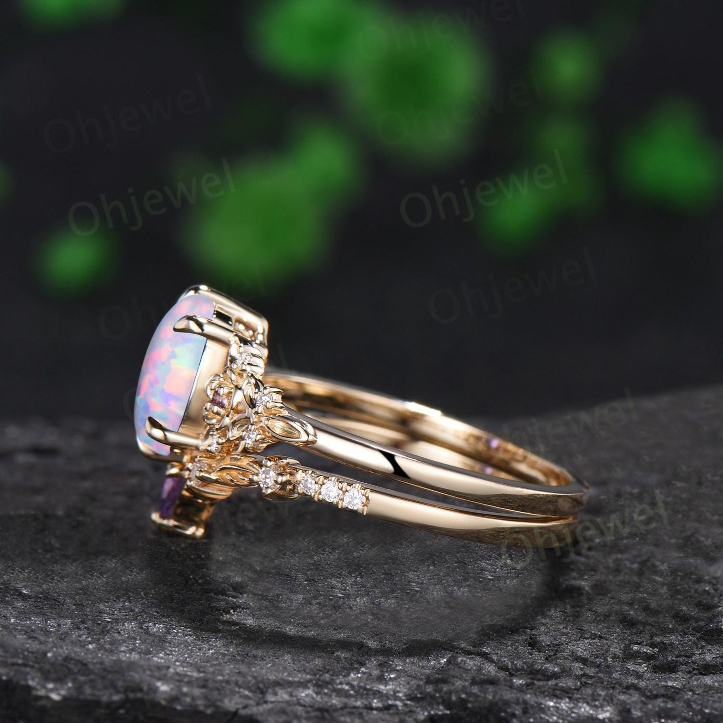 6 prong oval white opal ring gold leaf floral unique engagement ring set art deco amethyst anniversary ring gift