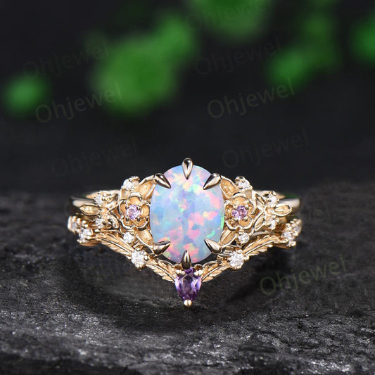 6 prong oval white opal ring gold leaf floral unique engagement ring set art deco amethyst anniversary ring gift