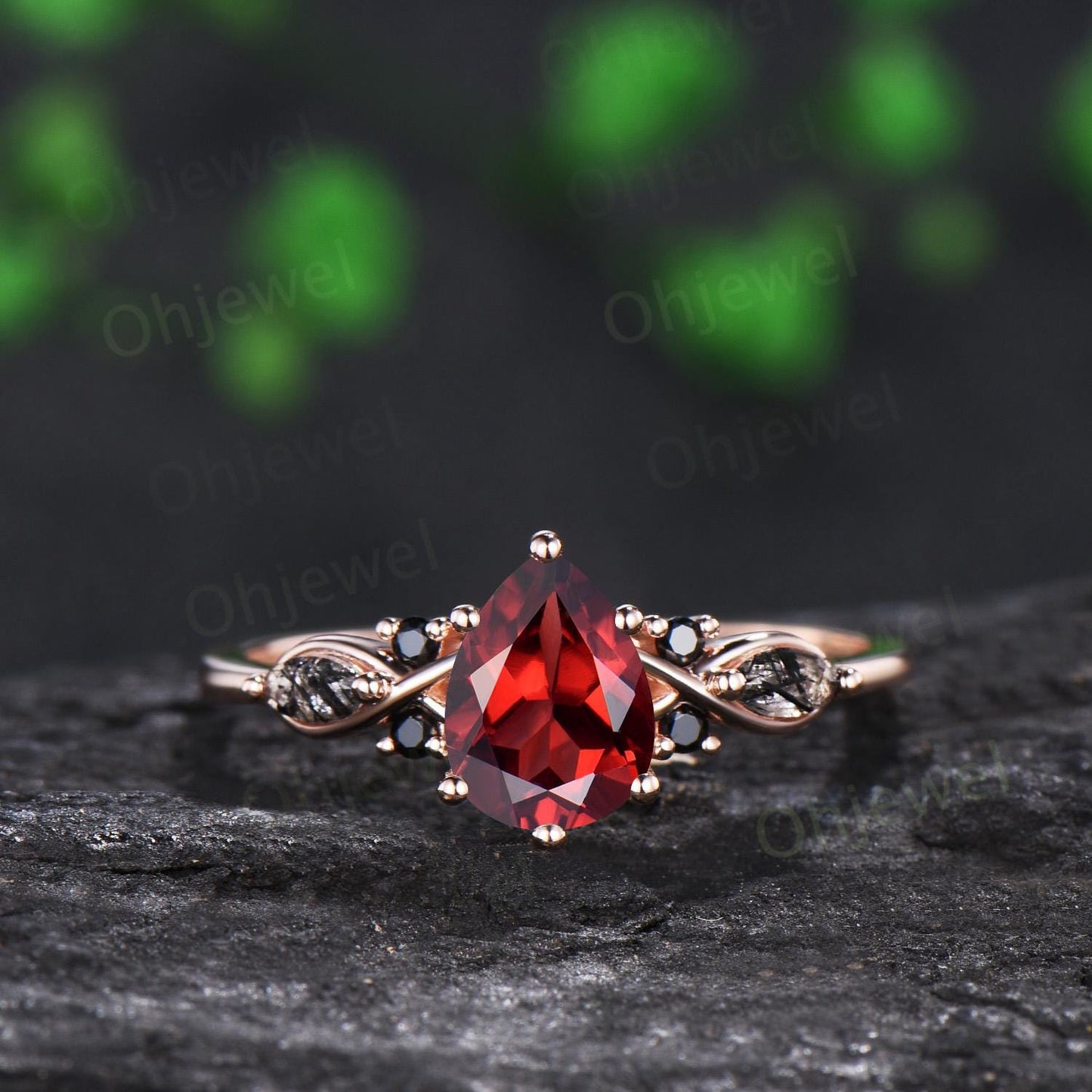 Teardrop pear cut red garnet engagement ring rose gold black rutilated quartz ring vintage 6 prong wedding bridal set women silver