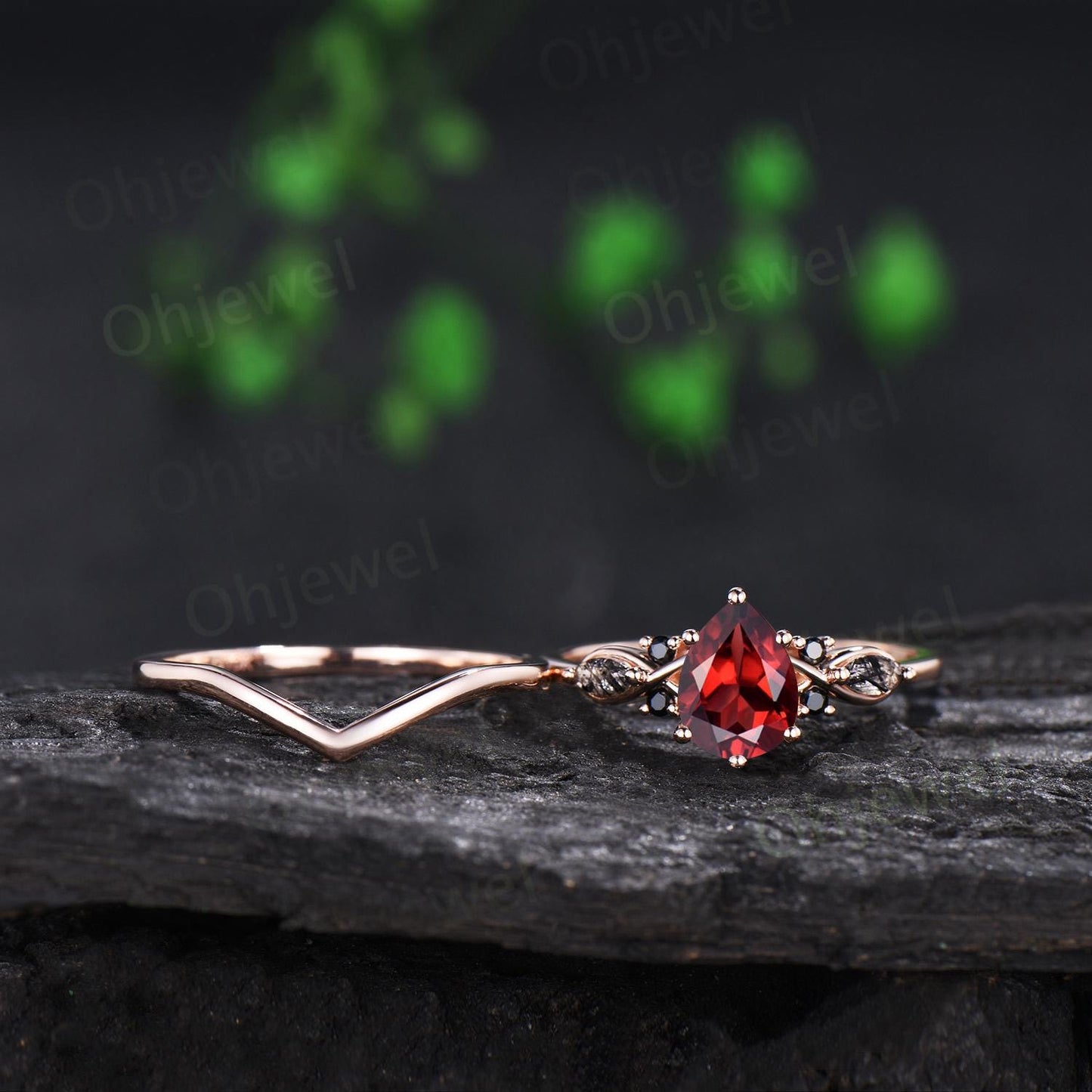 Teardrop pear cut red garnet engagement ring rose gold black rutilated quartz ring vintage 6 prong wedding bridal set women silver