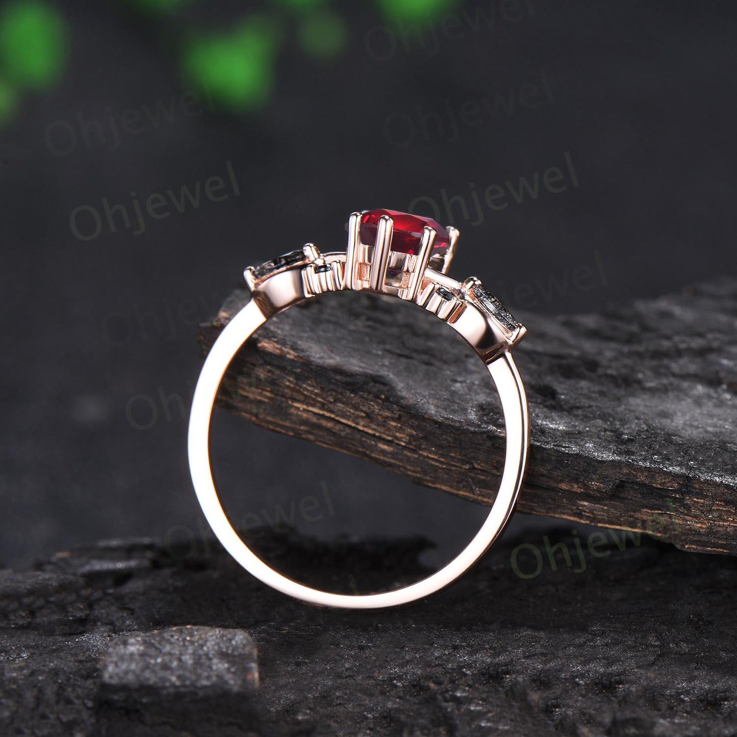 Teardrop pear cut red garnet engagement ring rose gold black rutilated quartz ring vintage 6 prong wedding bridal set women silver