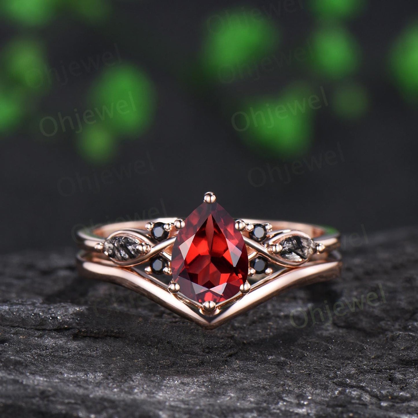 Teardrop pear cut red garnet engagement ring rose gold black rutilated quartz ring vintage 6 prong wedding bridal set women silver