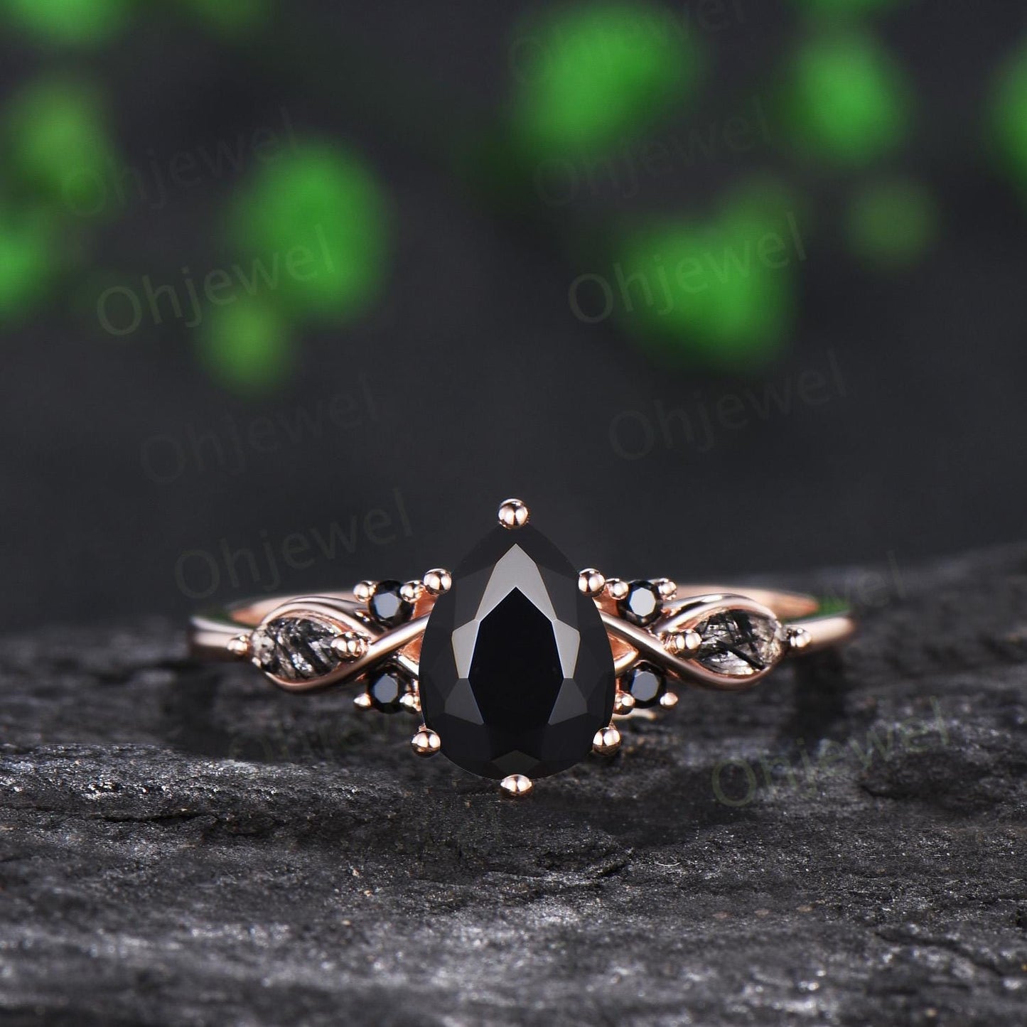 Teardrop pear cut black onyx engagement ring rose gold black rutilated quartz ring vintage 6 prong wedding bridal set women silver