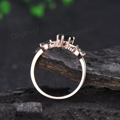 Teardrop pear cut black onyx engagement ring rose gold black rutilated quartz ring vintage 6 prong wedding bridal set women silver
