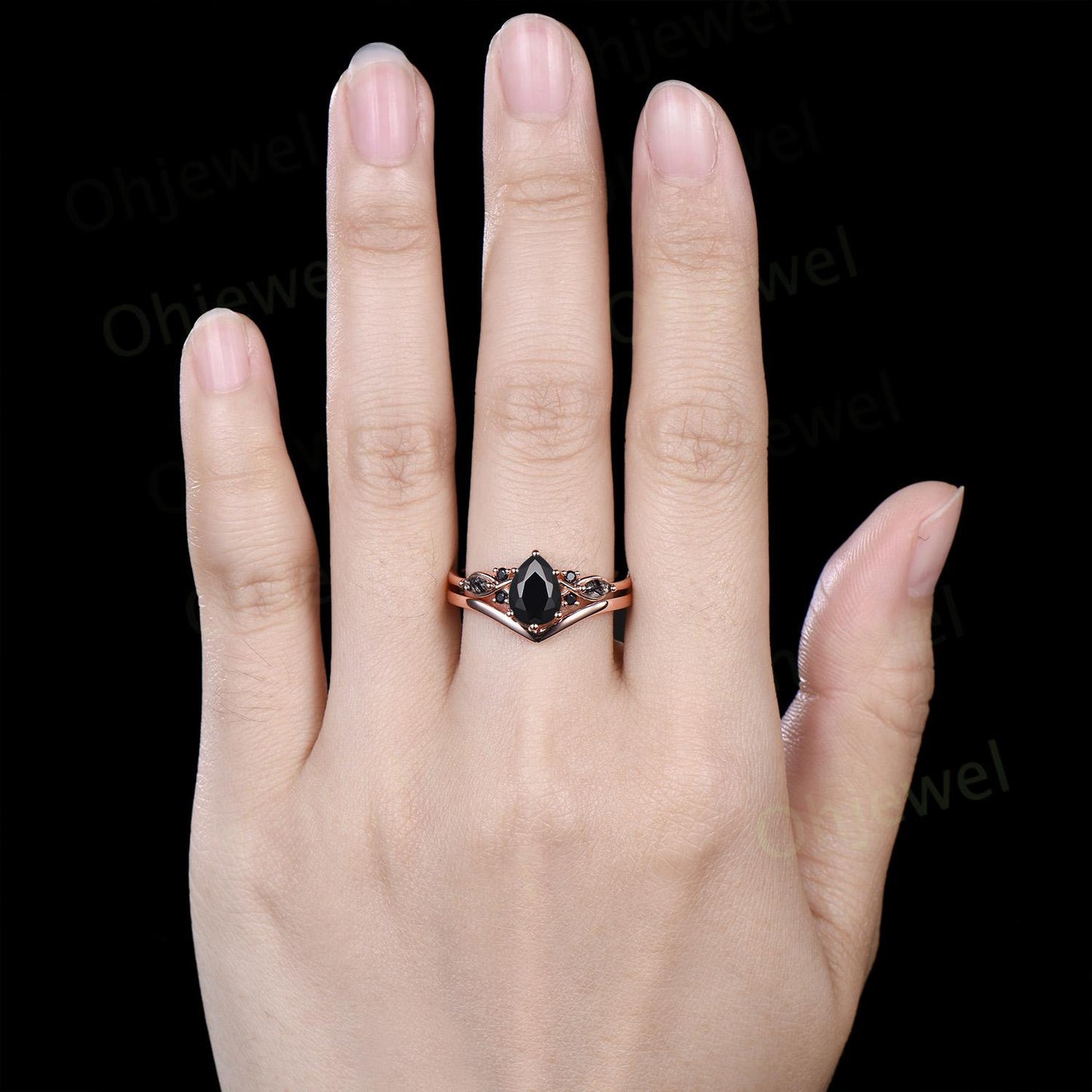 Teardrop pear cut black onyx engagement ring rose gold black rutilated quartz ring vintage 6 prong wedding bridal set women silver