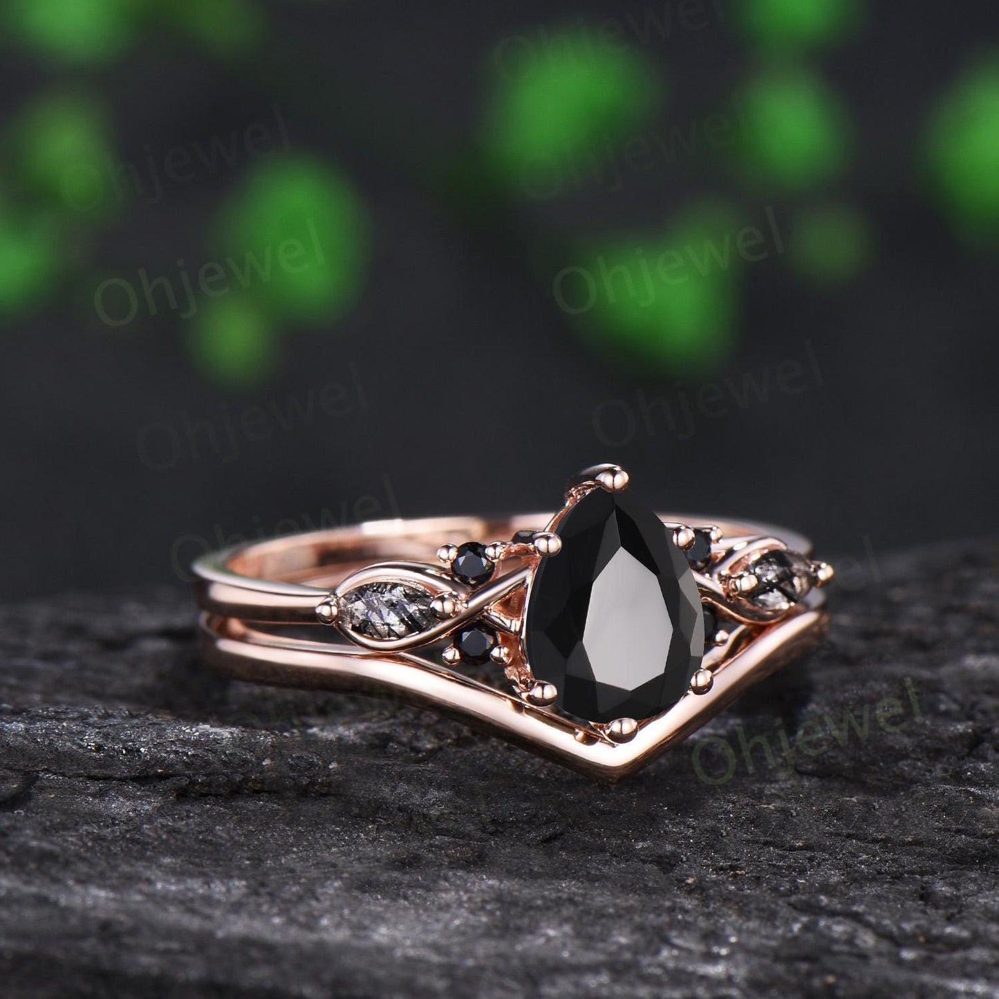 Teardrop pear cut black onyx engagement ring rose gold black rutilated quartz ring vintage 6 prong wedding bridal set women silver