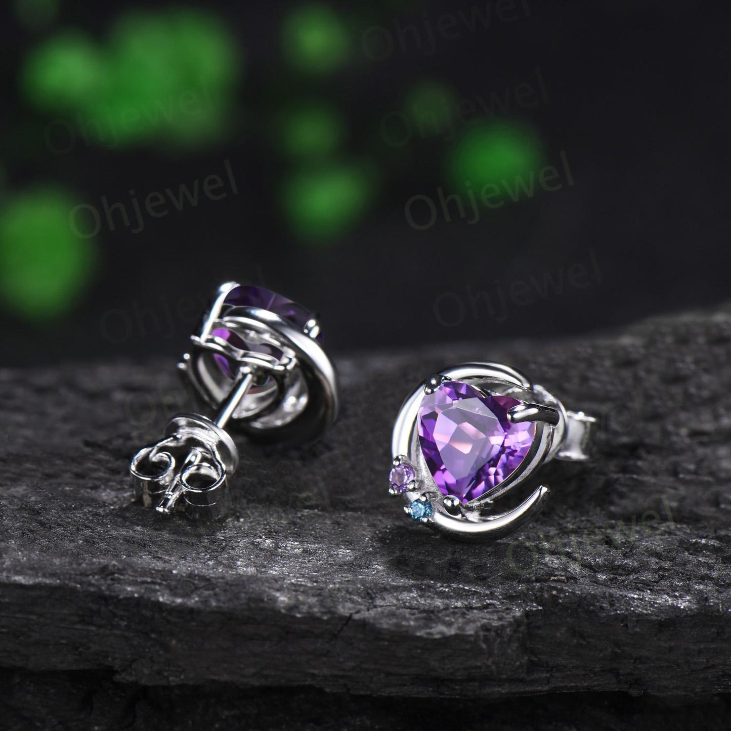 Heart shaped purple amethyst moon earrings solid 14k white gold dainty three stone topaz stud earrings women anniversary gift silver