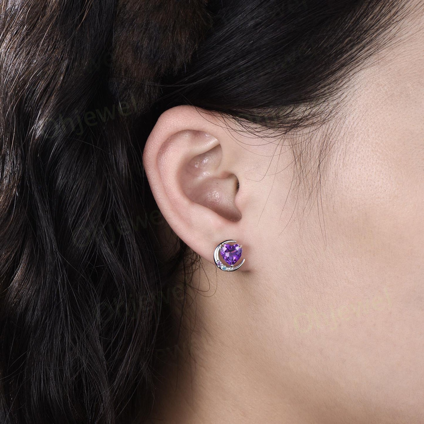 Heart shaped purple amethyst moon earrings solid 14k white gold dainty three stone topaz stud earrings women anniversary gift silver