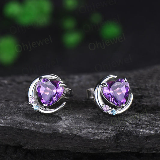 Heart shaped purple amethyst moon earrings solid 14k white gold dainty three stone topaz stud earrings women anniversary gift silver