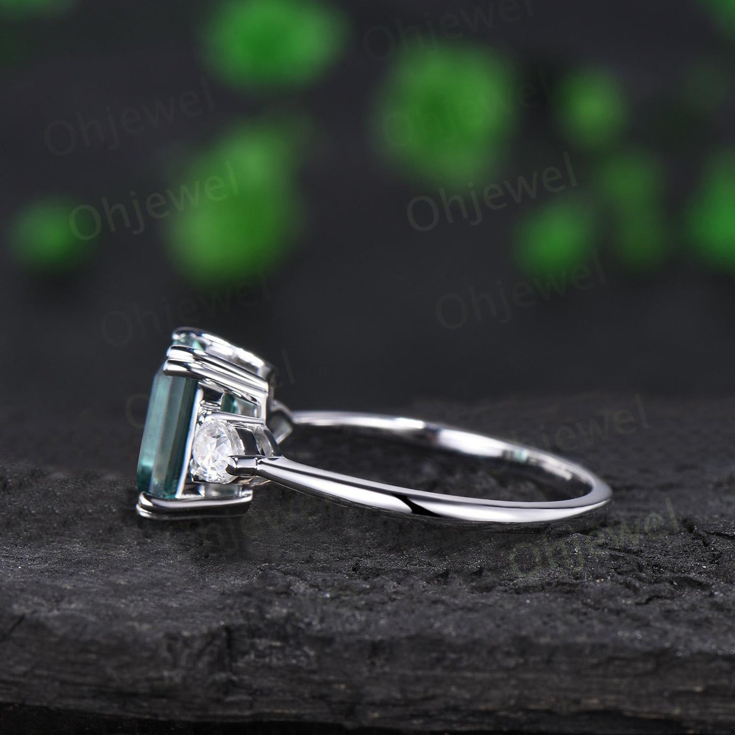Emerald cut teal green sapphire ring white gold 8 prong three stone engagement ring minimalist moissanite promise wedding ring women silver