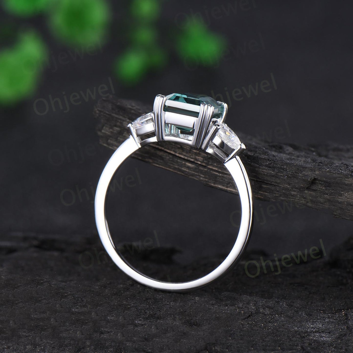 Emerald cut teal green sapphire ring white gold 8 prong three stone engagement ring minimalist moissanite promise wedding ring women silver