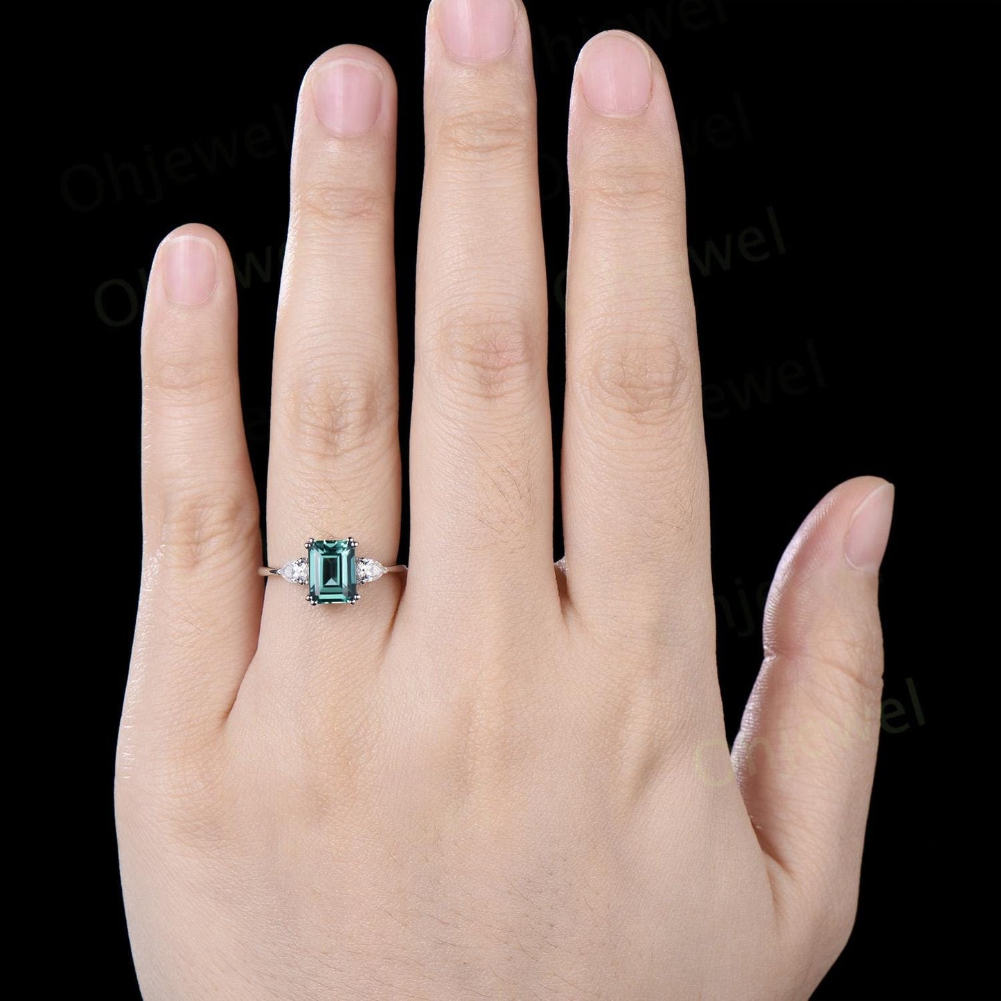 Emerald cut teal green sapphire ring white gold 8 prong three stone engagement ring minimalist moissanite promise wedding ring women silver