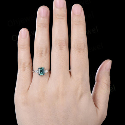 Emerald cut teal green sapphire ring white gold 8 prong three stone engagement ring minimalist moissanite promise wedding ring women silver