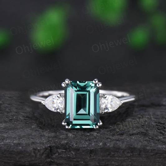 Emerald cut teal green sapphire ring white gold 8 prong three stone engagement ring minimalist moissanite promise wedding ring women silver