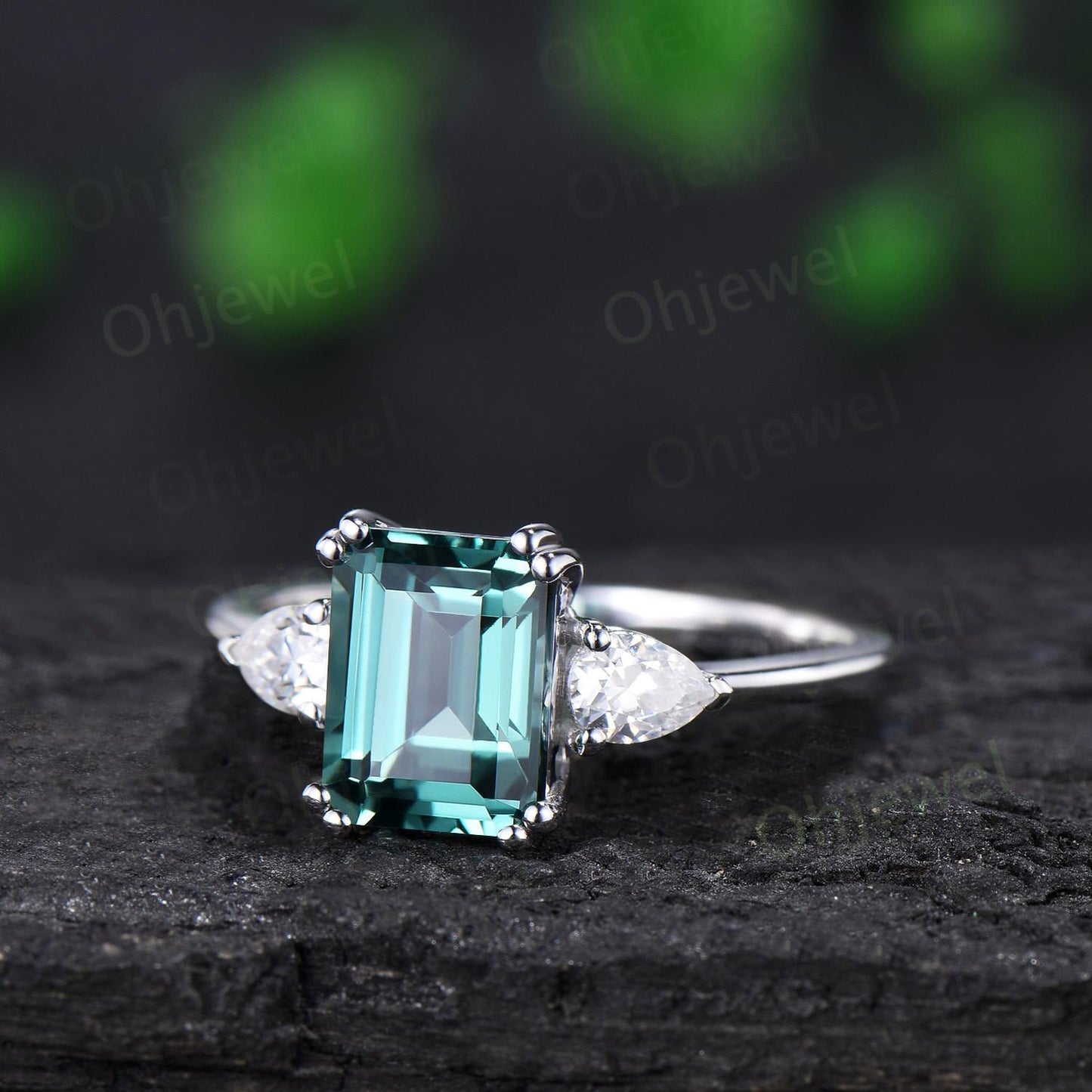 Emerald cut teal green sapphire ring white gold 8 prong three stone engagement ring minimalist moissanite promise wedding ring women silver
