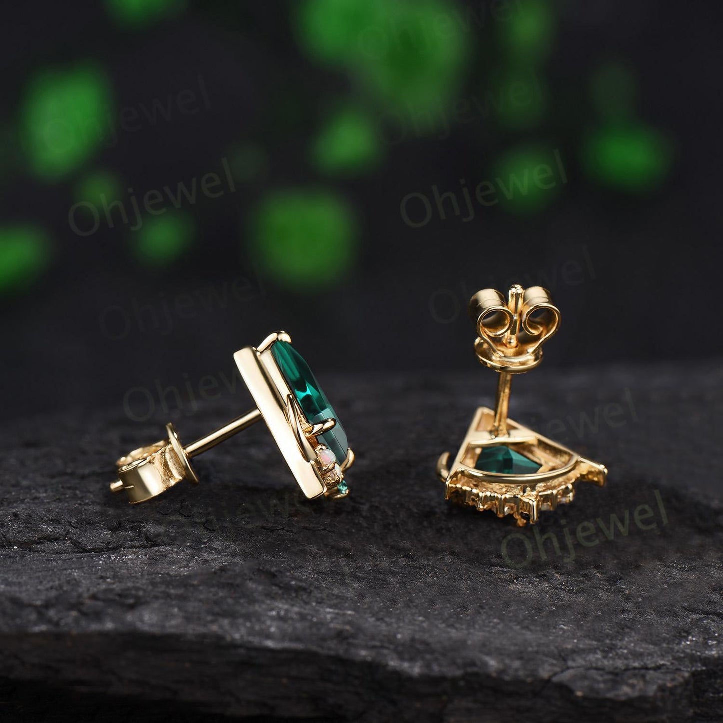 Kite cut green emerald moon earrings solid 14k 18k yellow gold unique cluster opal stud earrings women bridal anniversary gift