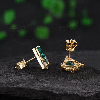 Kite cut green emerald moon earrings solid 14k 18k yellow gold unique cluster opal stud earrings women bridal anniversary gift