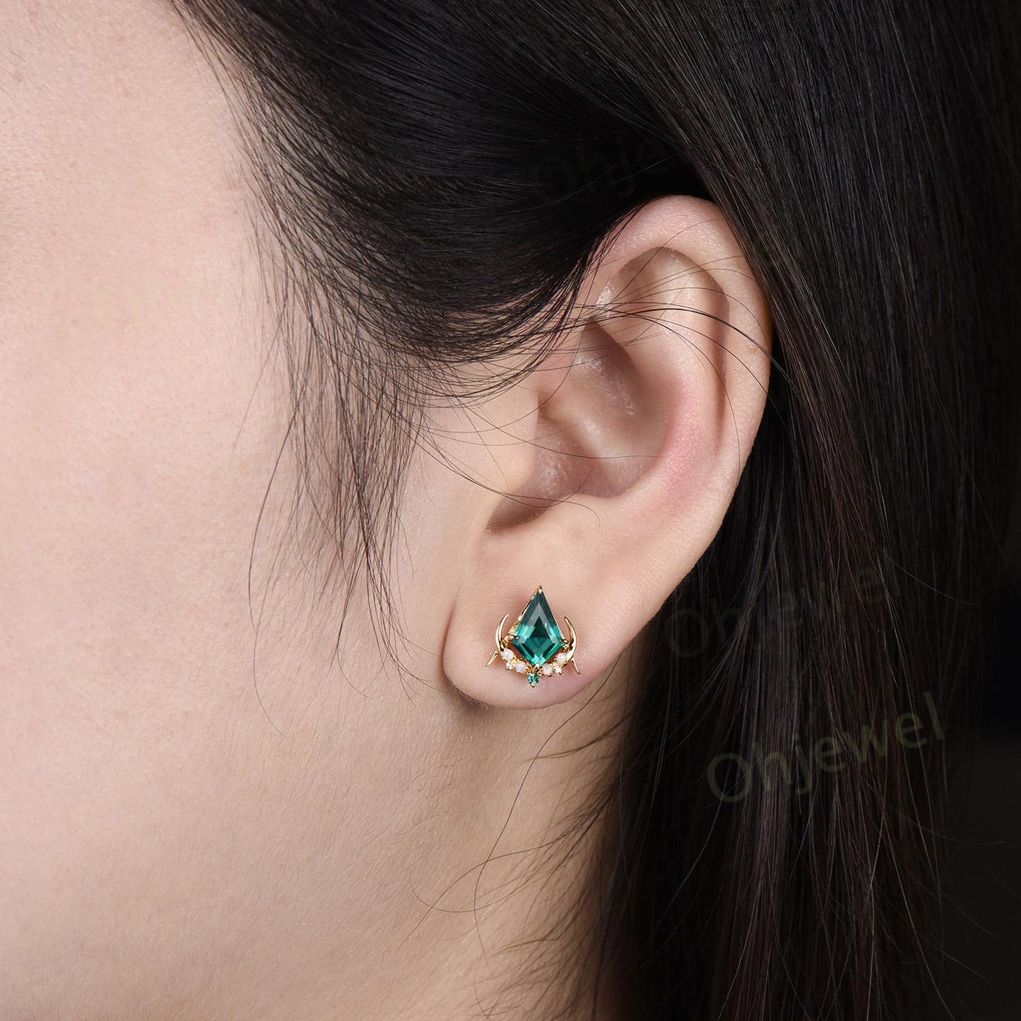Kite cut green emerald moon earrings solid 14k 18k yellow gold unique cluster opal stud earrings women bridal anniversary gift