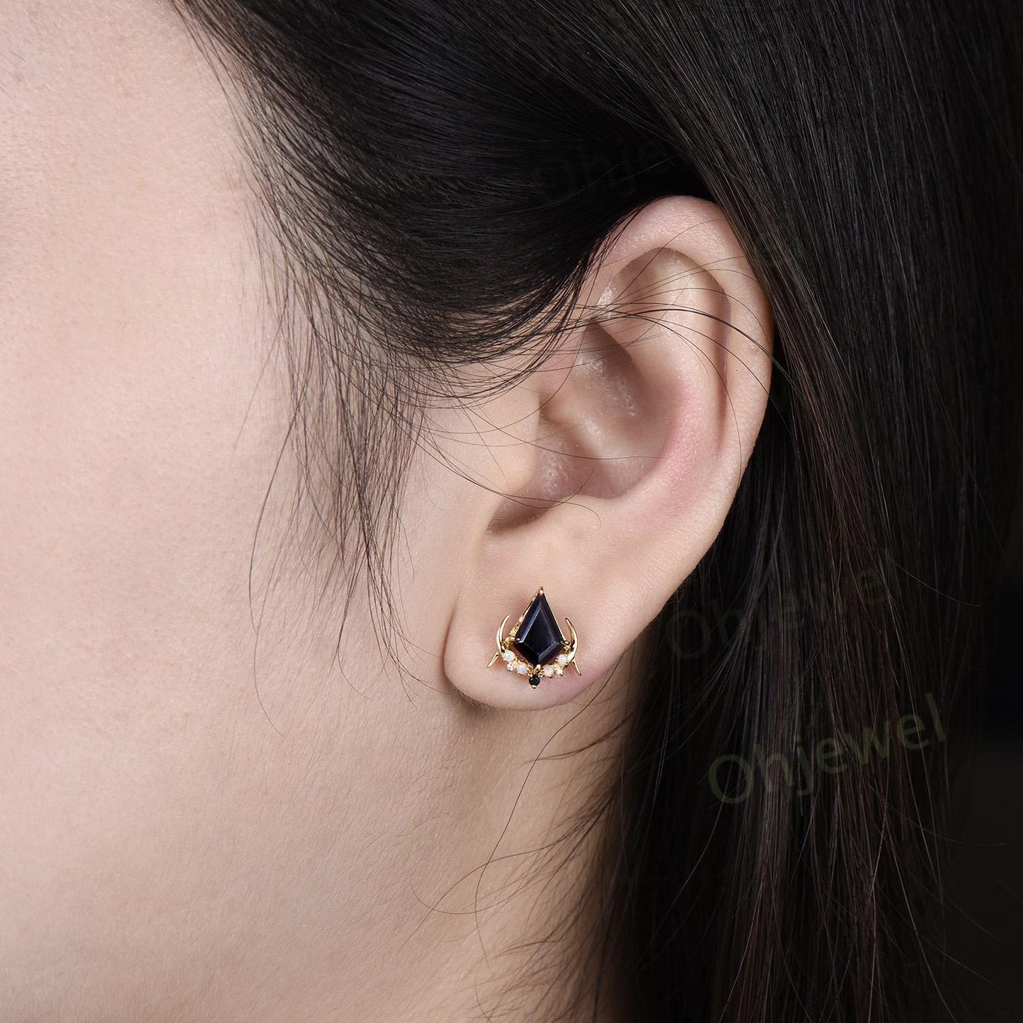 Kite cut black onyx opal moon earrings solid 14k 18k yellow gold unique arrow cluster stud earrings women wedding anniversary gift