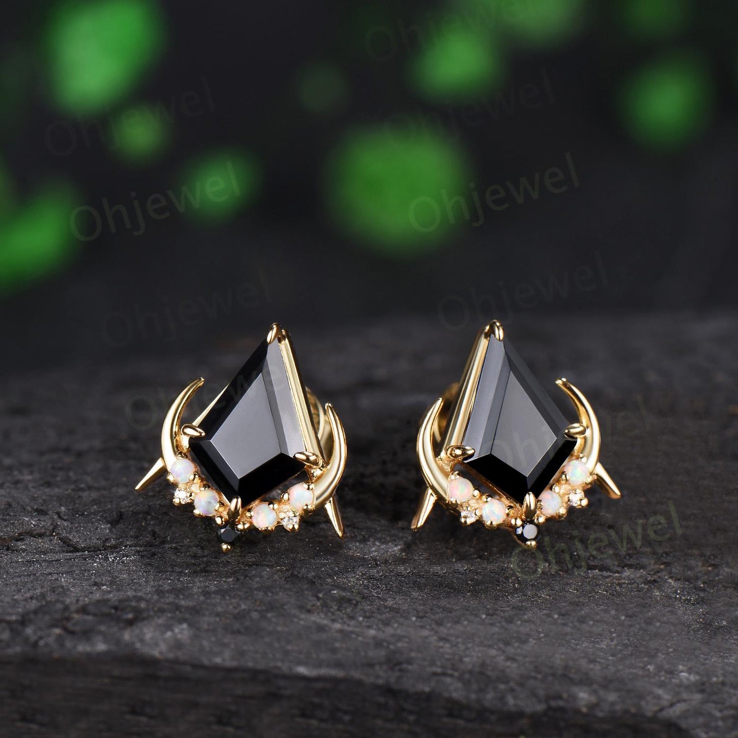 Kite cut black onyx opal moon earrings solid 14k 18k yellow gold unique arrow cluster stud earrings women wedding anniversary gift