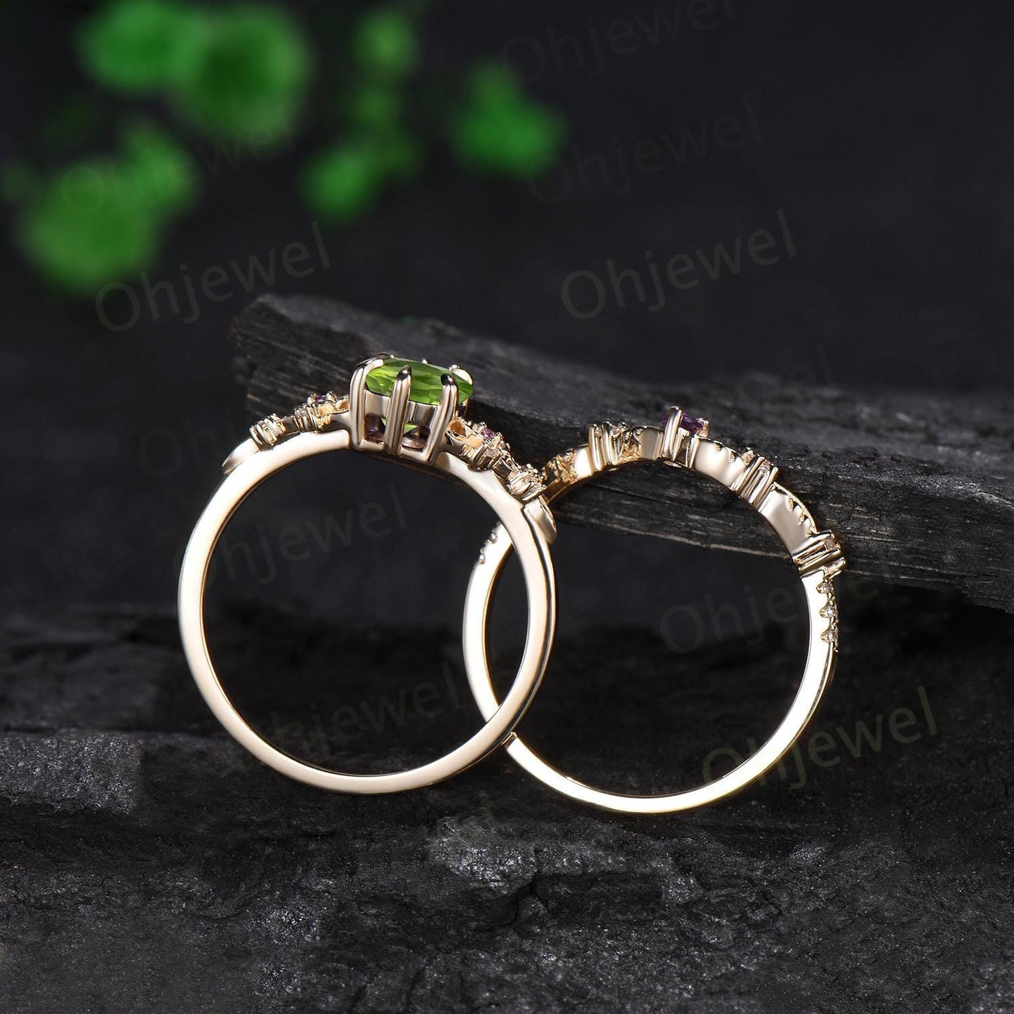 Oval peridot ring 14k yellow gold vintage leaf floral 6 prong wedding engagement ring set women amethyst ring silver