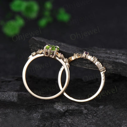 Oval peridot ring 14k yellow gold vintage leaf floral 6 prong wedding engagement ring set women amethyst ring silver