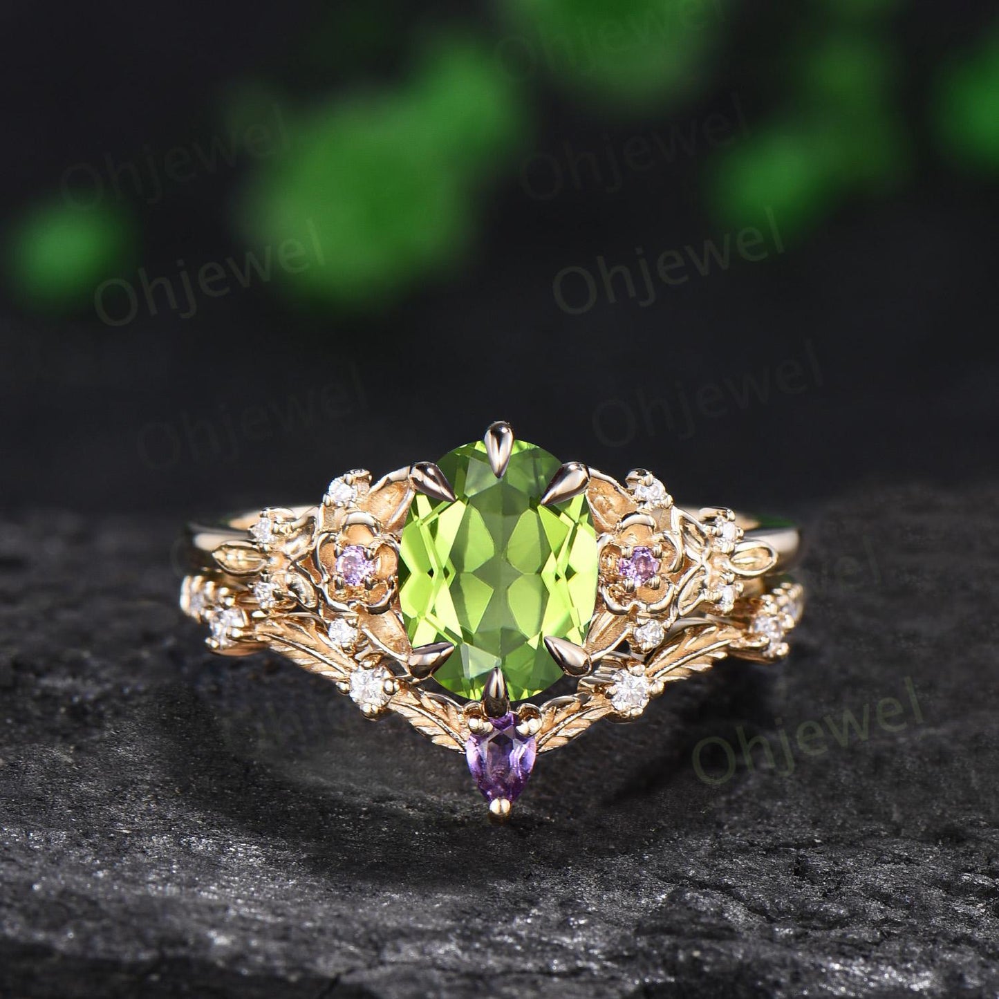 Oval peridot ring 14k yellow gold vintage leaf floral 6 prong wedding engagement ring set women amethyst ring silver