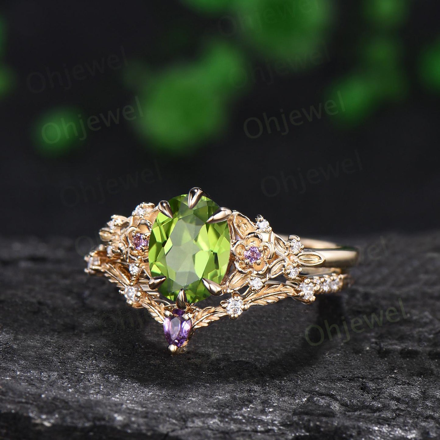 Oval peridot ring 14k yellow gold vintage leaf floral 6 prong wedding engagement ring set women amethyst ring silver