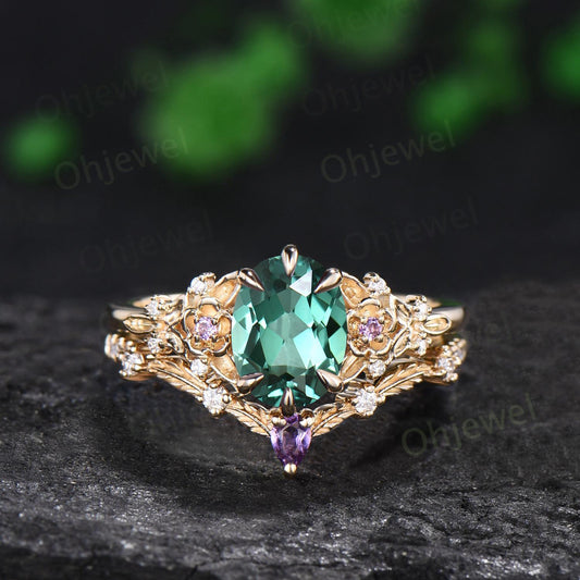 Oval cut green sapphire ring yellow gold vintage leaf floral 6 prong engagement ring set women amethyst ring silver
