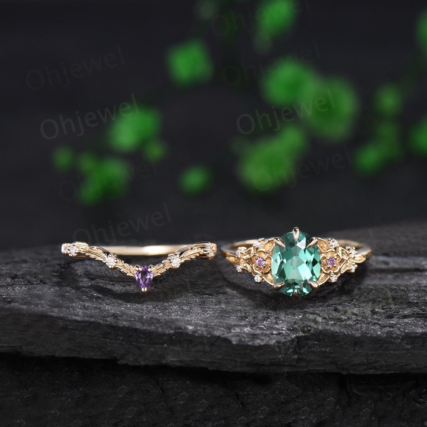 Oval cut green sapphire ring yellow gold vintage leaf floral 6 prong engagement ring set women amethyst ring silver