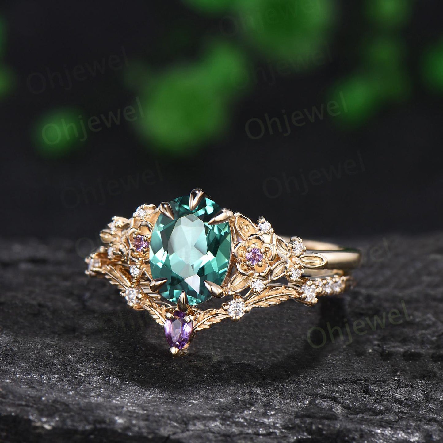 Oval cut green sapphire ring yellow gold vintage leaf floral 6 prong engagement ring set women amethyst ring silver