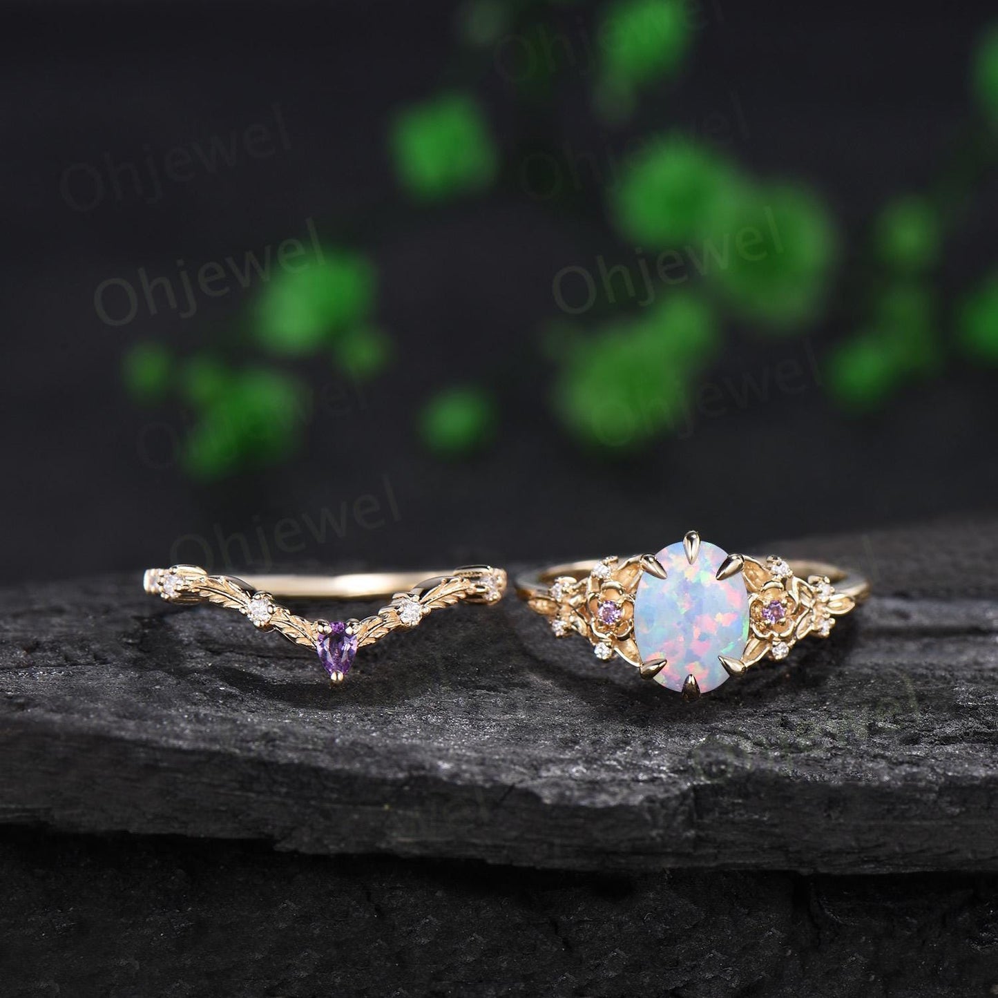 6 prong oval white opal ring gold leaf floral unique engagement ring set art deco amethyst anniversary ring gift