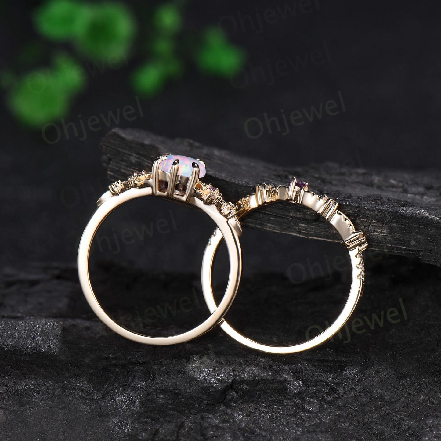 6 prong oval white opal ring gold leaf floral unique engagement ring set art deco amethyst anniversary ring gift