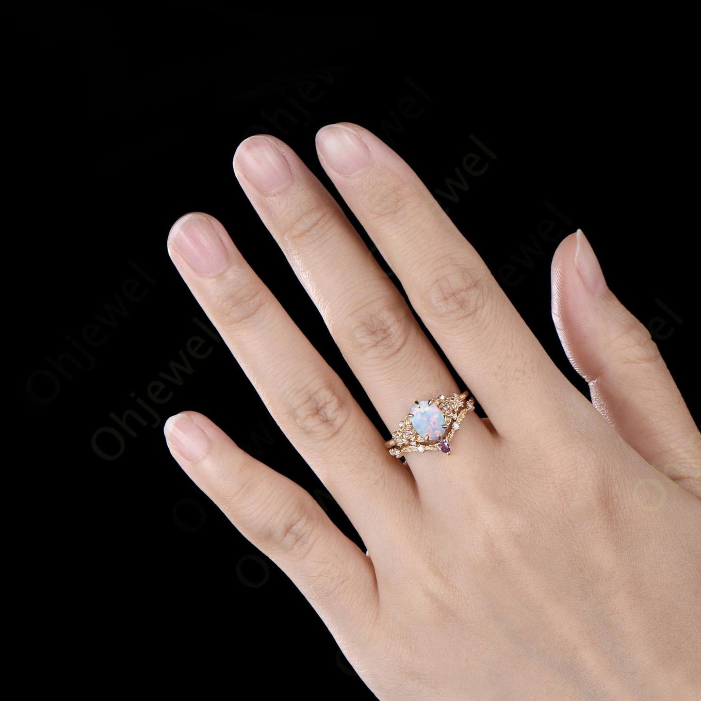 6 prong oval white opal ring gold leaf floral unique engagement ring set art deco amethyst anniversary ring gift
