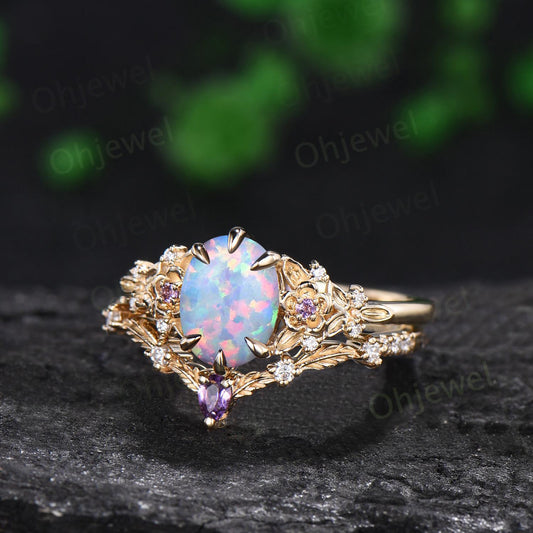 6 prong oval white opal ring gold leaf floral unique engagement ring set art deco amethyst anniversary ring gift
