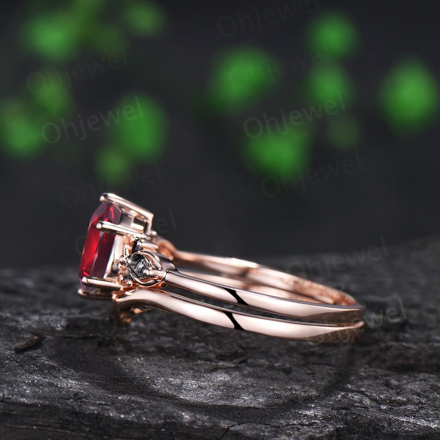 Teardrop pear cut red garnet engagement ring rose gold black rutilated quartz ring vintage 6 prong wedding bridal set women silver