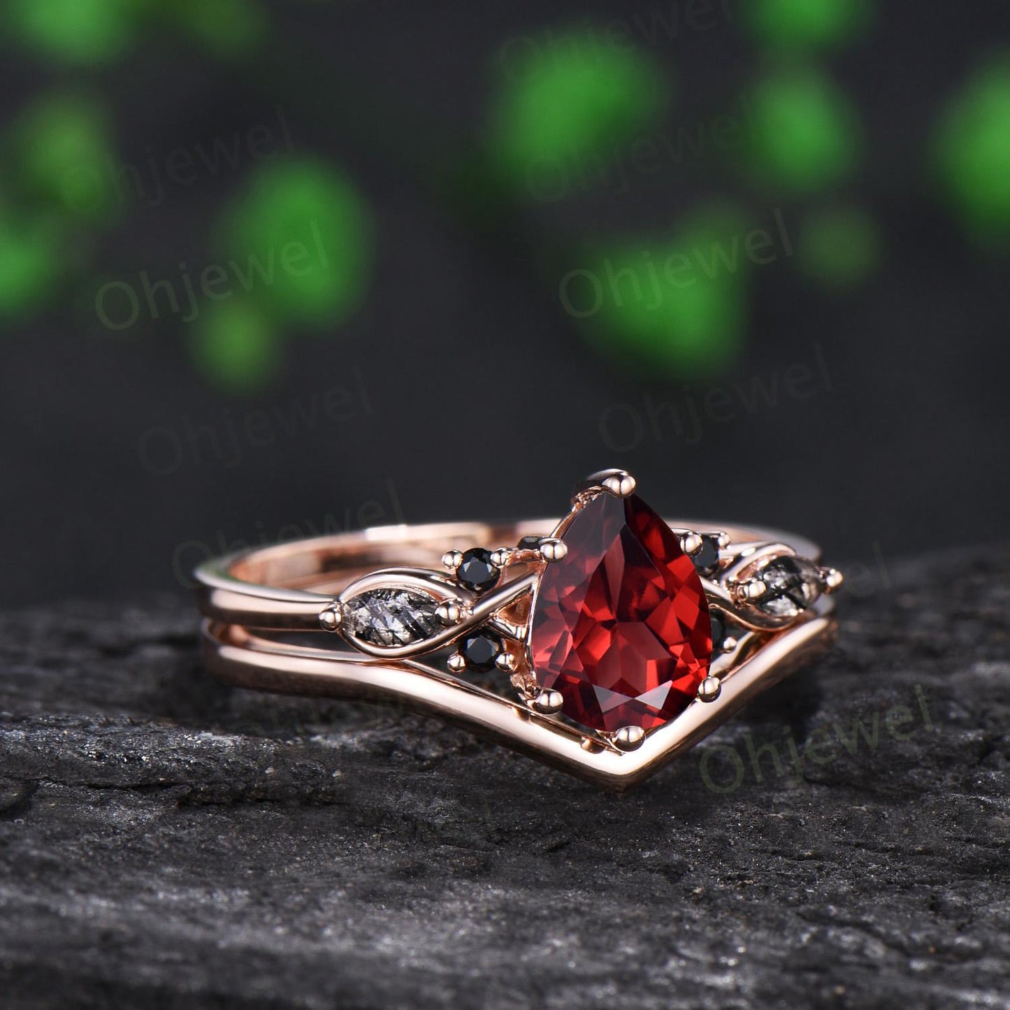 Teardrop pear cut red garnet engagement ring rose gold black rutilated quartz ring vintage 6 prong wedding bridal set women silver