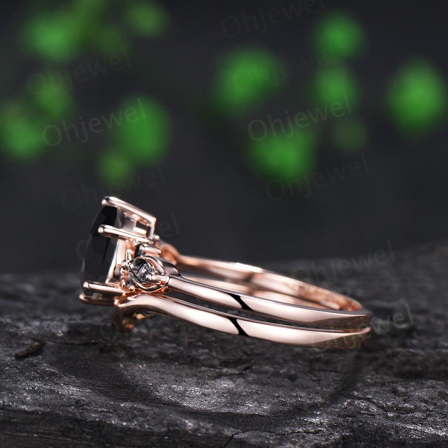 Teardrop pear cut black onyx engagement ring rose gold black rutilated quartz ring vintage 6 prong wedding bridal set women silver