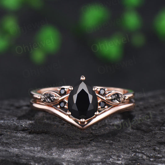 Teardrop pear cut black onyx engagement ring rose gold black rutilated quartz ring vintage 6 prong wedding bridal set women silver