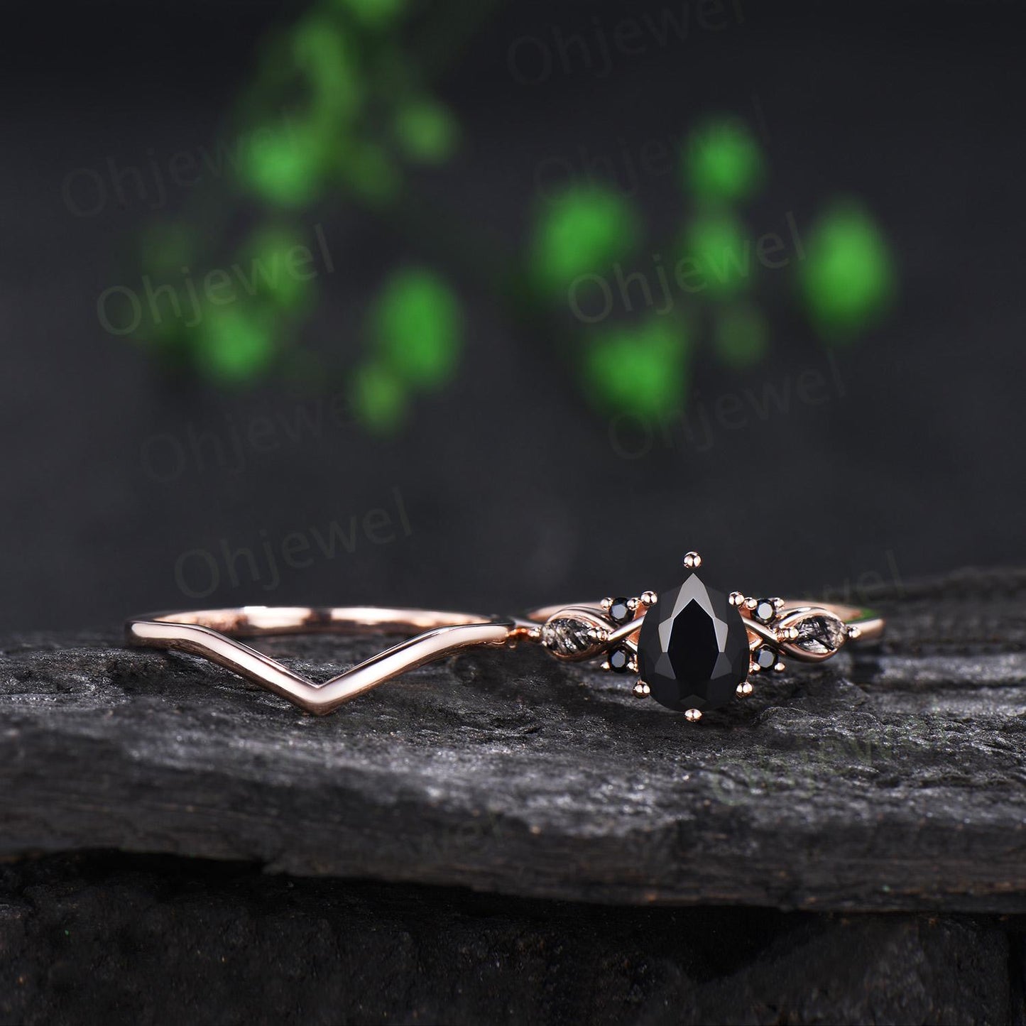 Teardrop pear cut black onyx engagement ring rose gold black rutilated quartz ring vintage 6 prong wedding bridal set women silver
