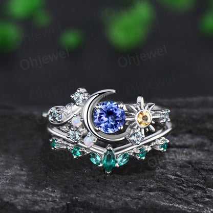 Vintage round tanzanite moon engagement ring white gold sun citrine opal alexandrite emerald leaf wedding bridal ring set women jewelry