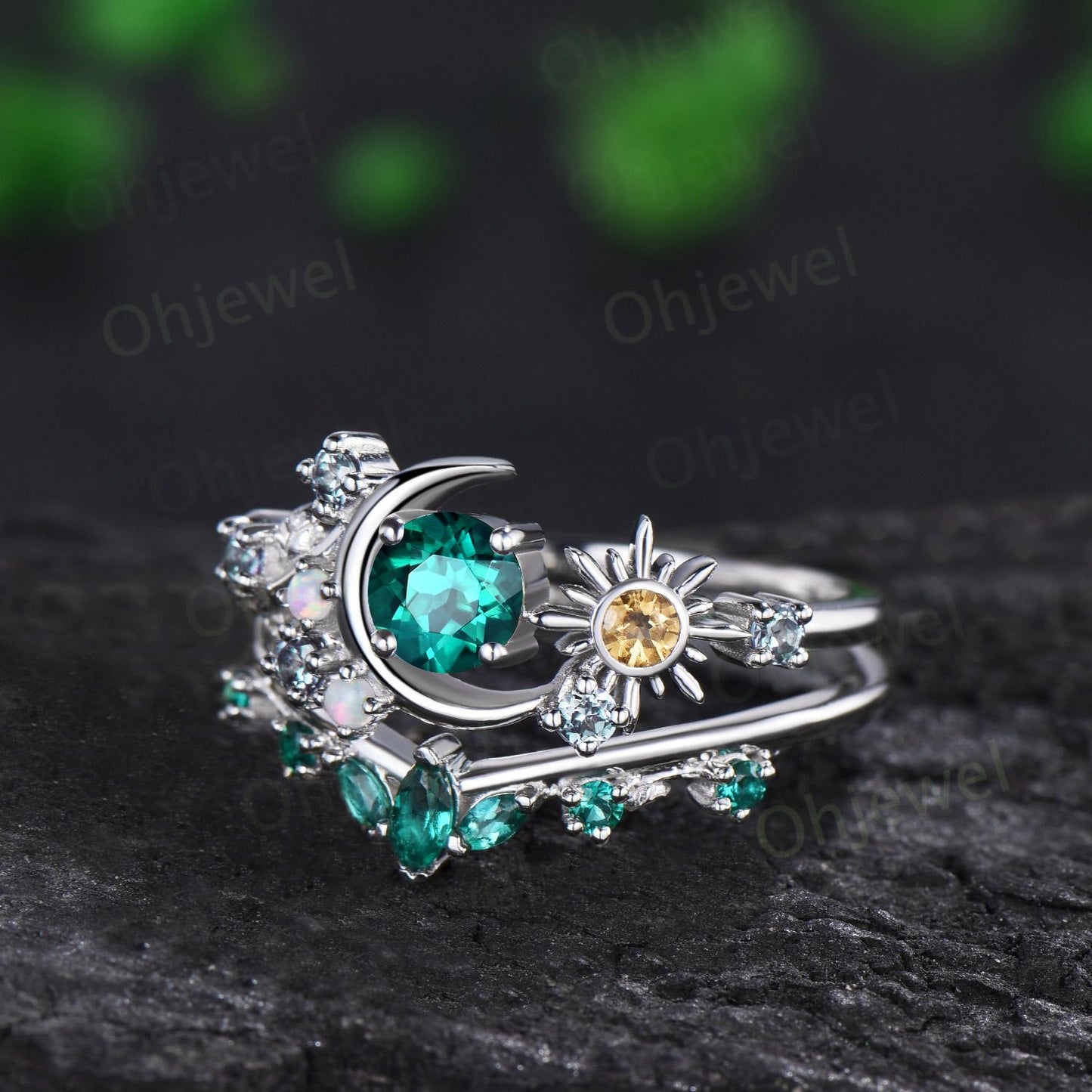 Vintage round green emerald moon engagement ring white gold sun citrine opal alexandrite leaf wedding bridal ring set women jewelry