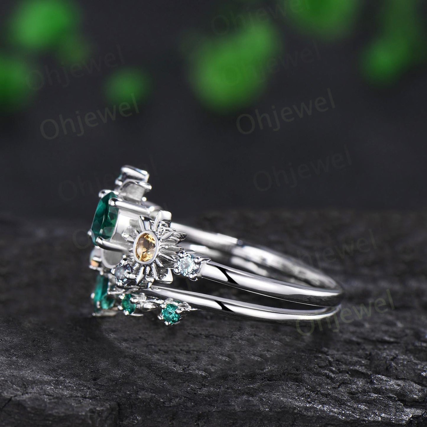 Vintage round green emerald moon engagement ring white gold sun citrine opal alexandrite leaf wedding bridal ring set women jewelry