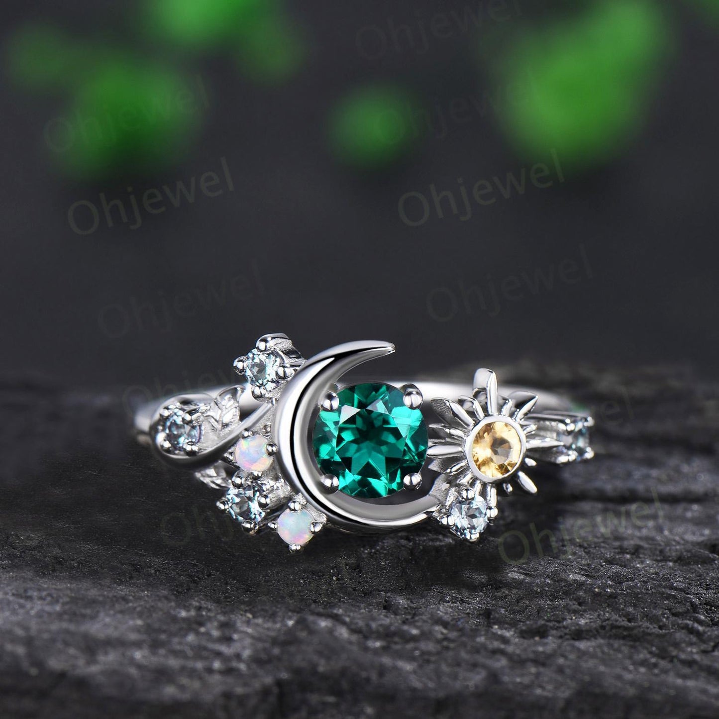 Vintage round green emerald moon engagement ring white gold sun citrine opal alexandrite leaf wedding bridal ring set women jewelry