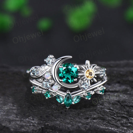 Vintage round green emerald moon engagement ring white gold sun citrine opal alexandrite leaf wedding bridal ring set women jewelry